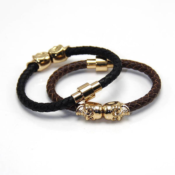 Twin Skull Leather Bracelet