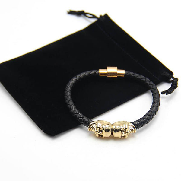 Twin Skull Leather Bracelet